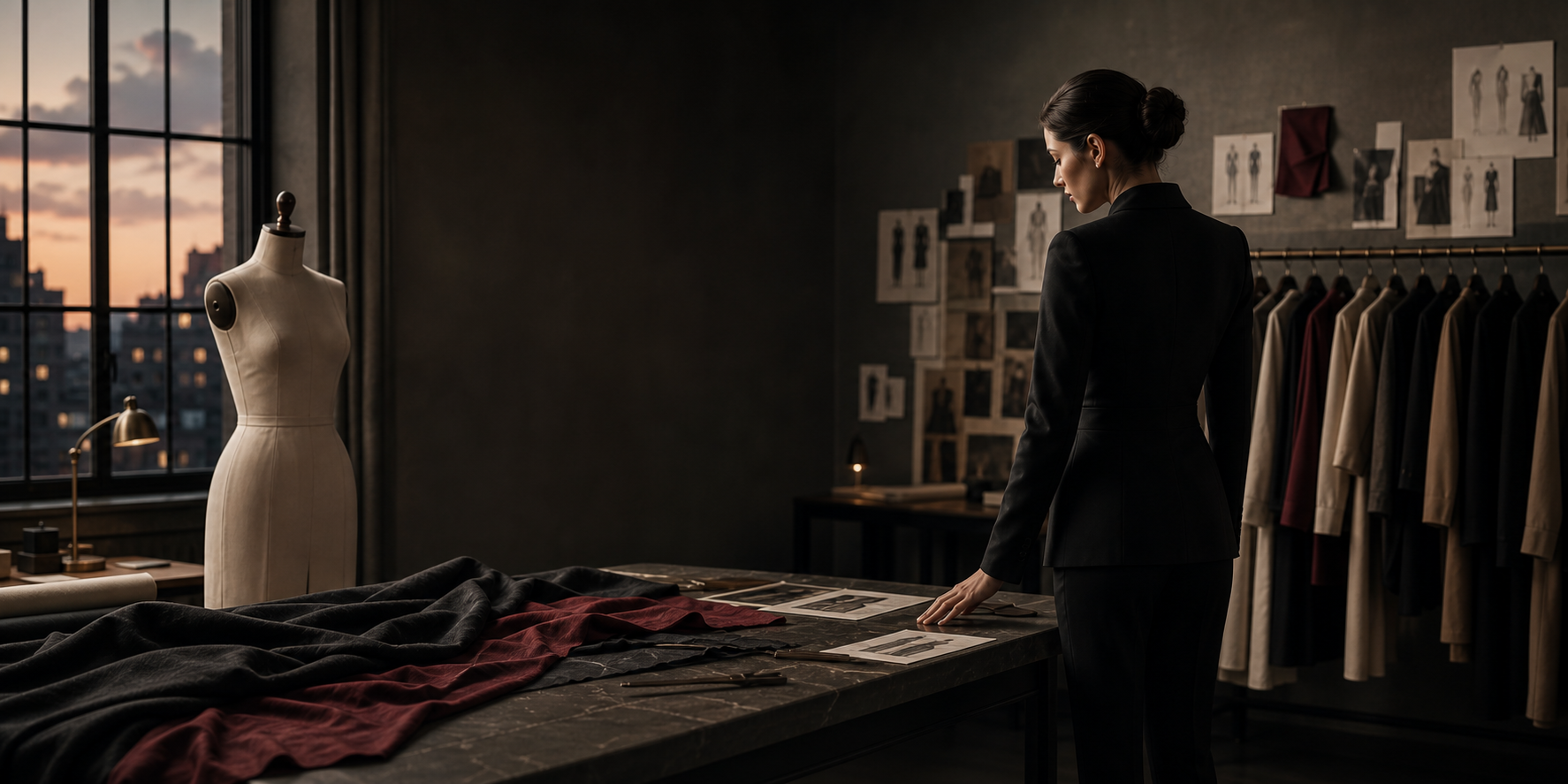 A fashion designer working in an elegant atelier